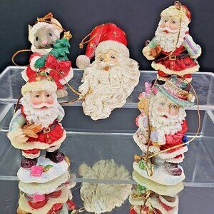 Vintage Christmas Ornaments 4 Santa's And 1 Mouse Resin Taiwan Adorable Set
